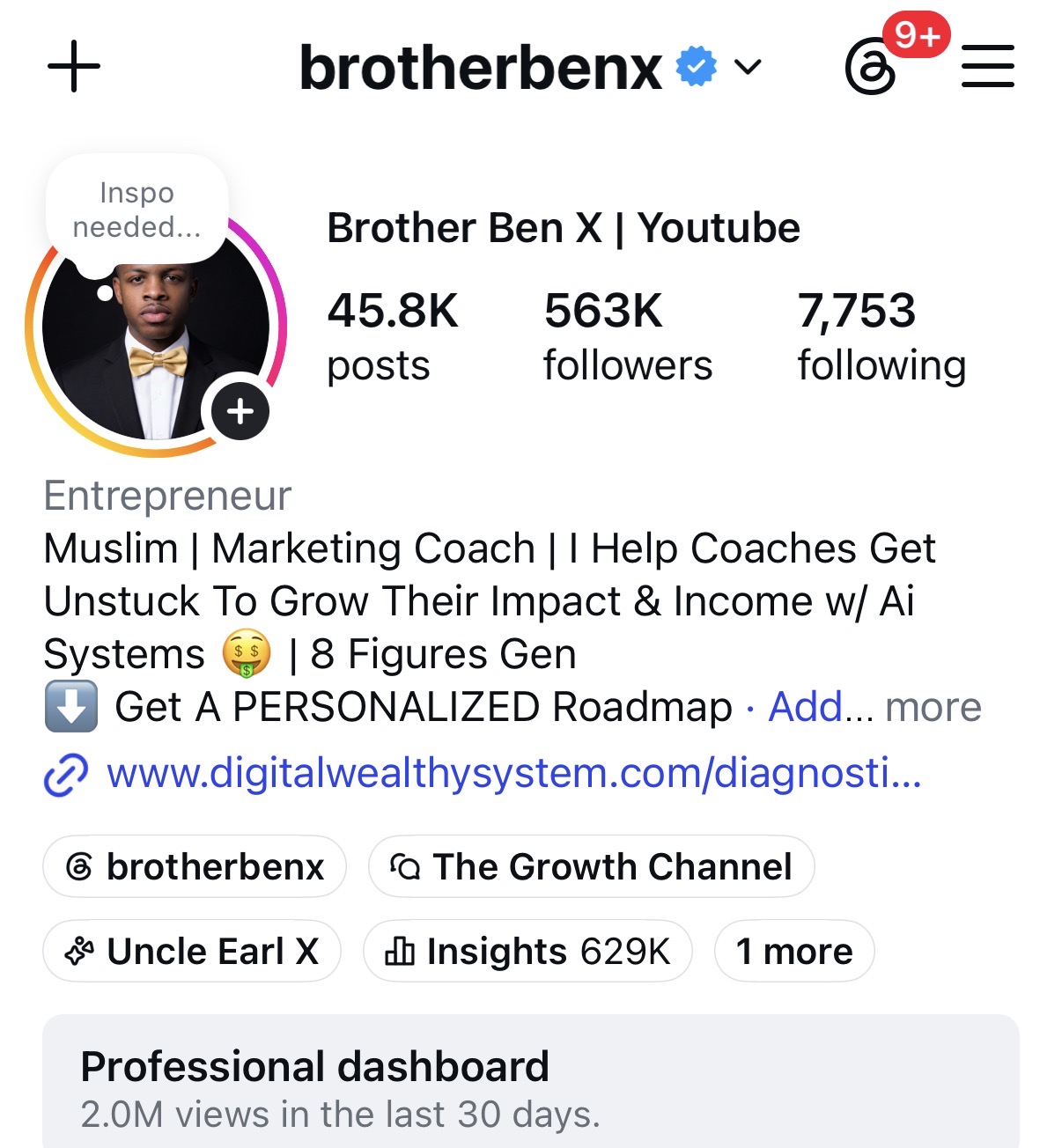 Brother Ben X Instagram profile showing 45.8K posts and 563K followers