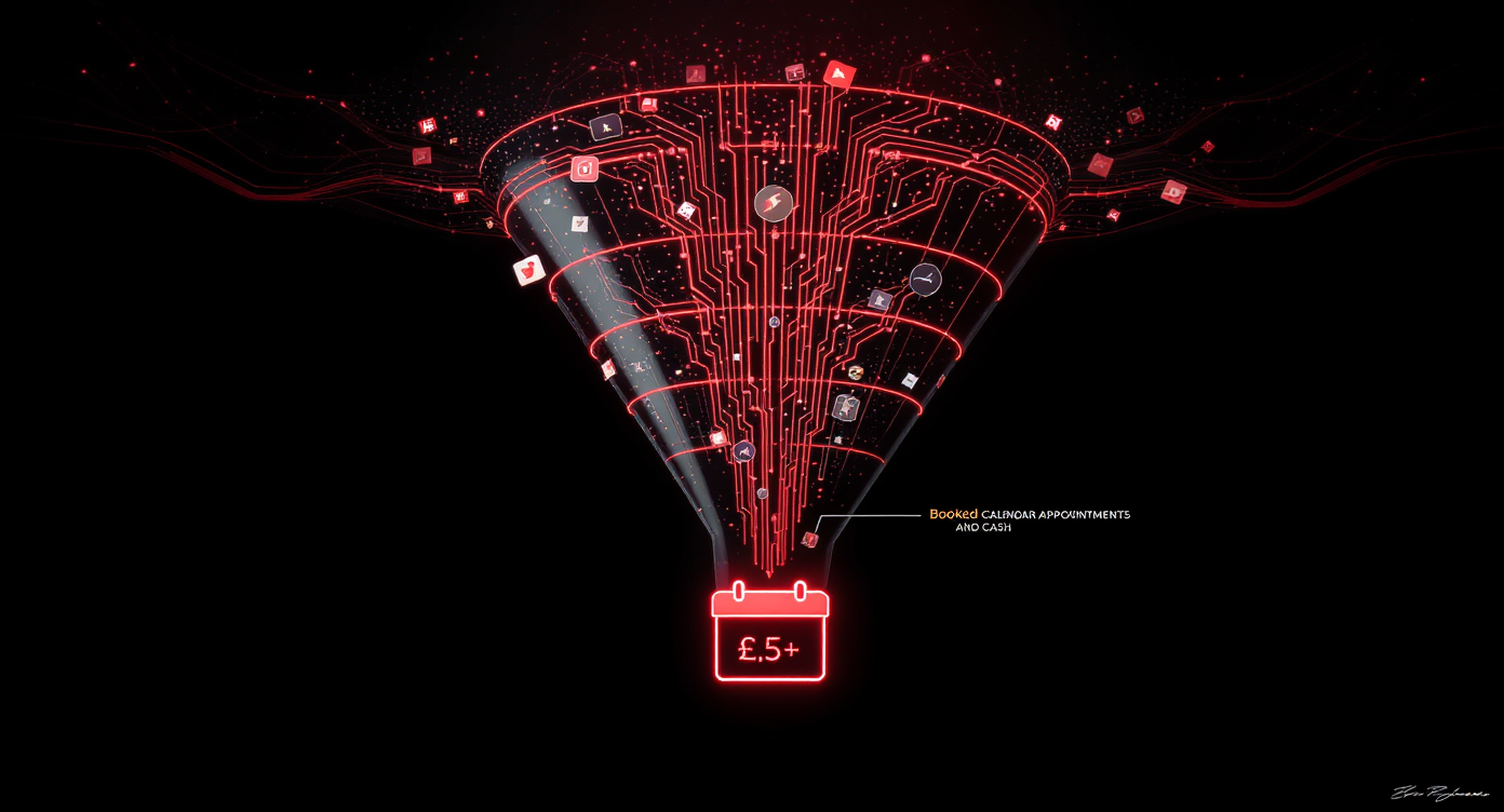 Digital marketing funnel — paid traffic flows through content, warm audiences, and conversion into booked calls