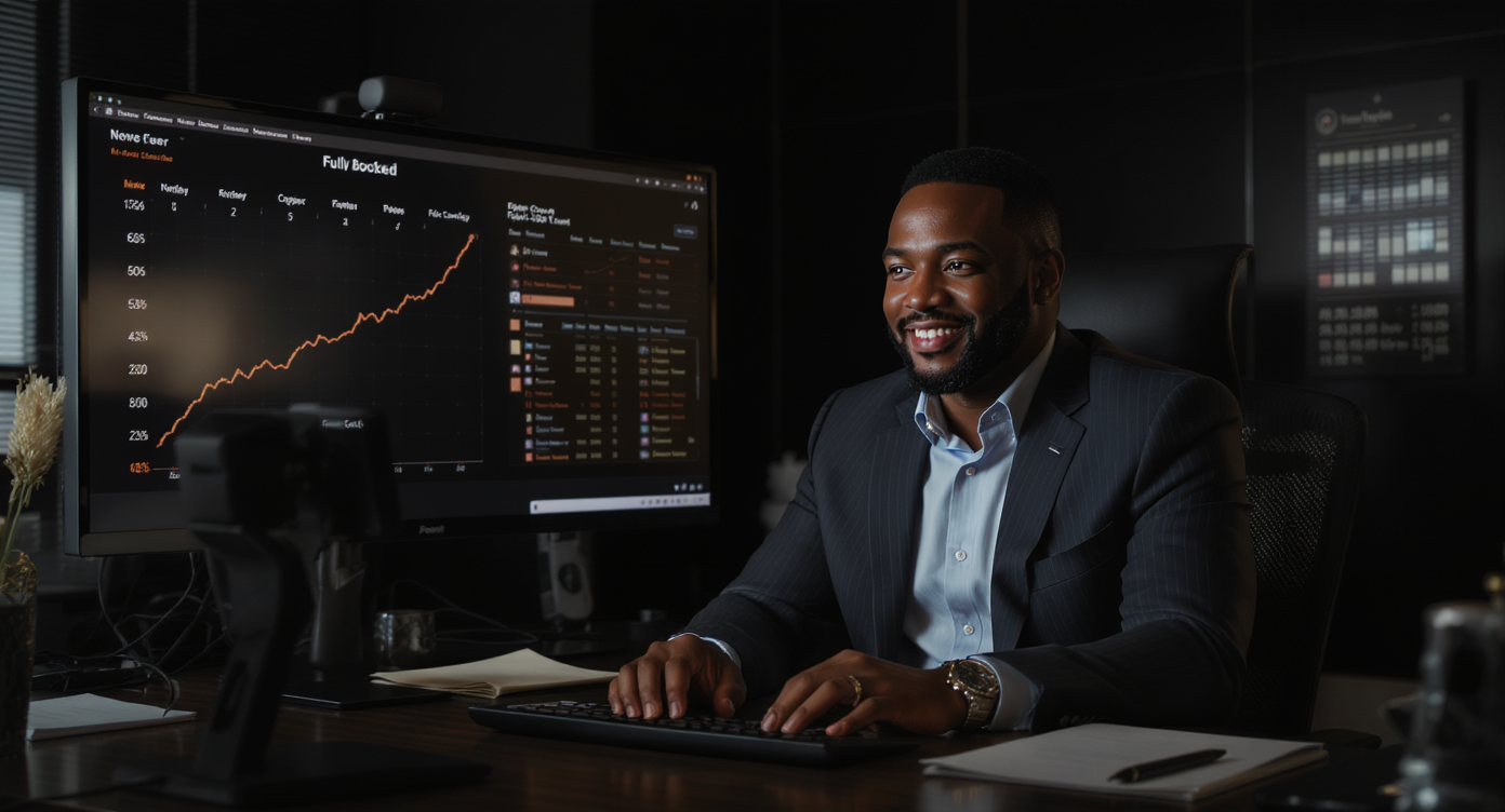 Business coach on a booked call — calendar full, system running