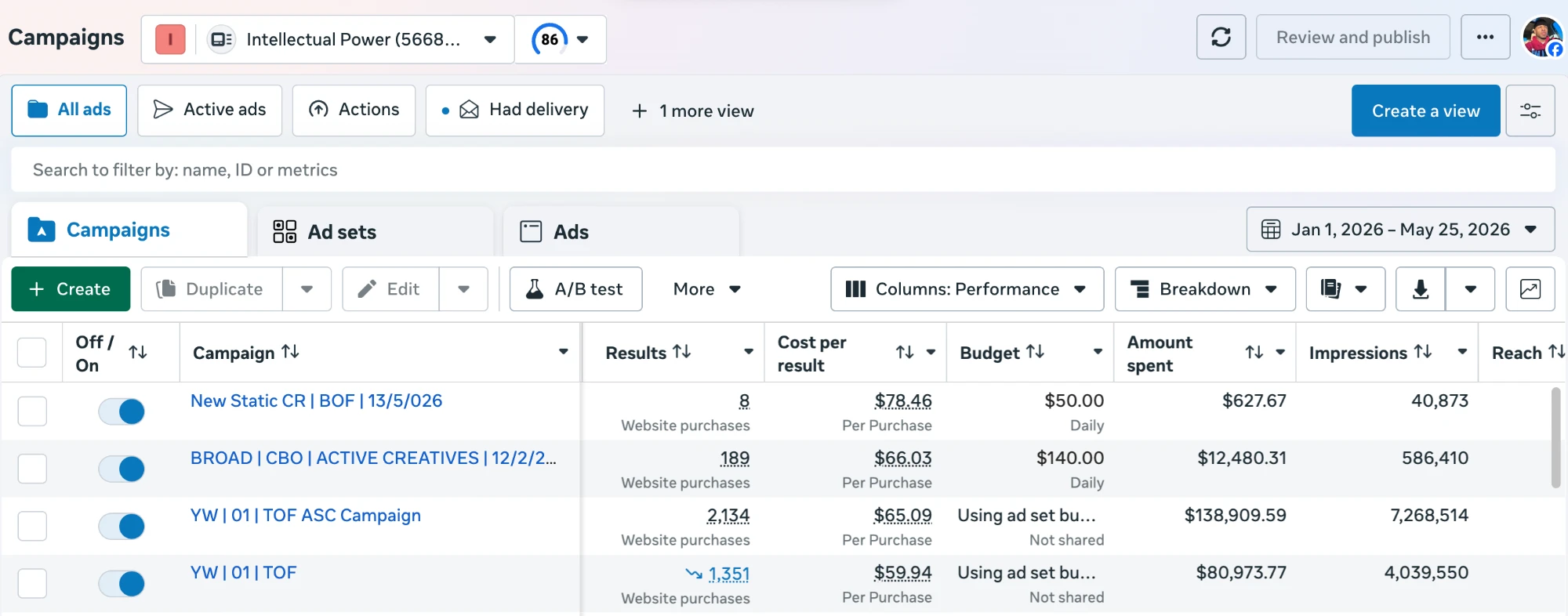 Facebook Ads Manager — Amount Spent · $249,442 total · Jan–May 2026